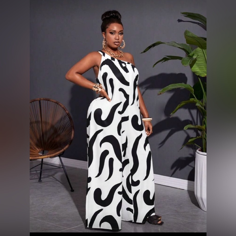 SHEIN Black & White One-Shoulder Wide-Leg Jumpsuit